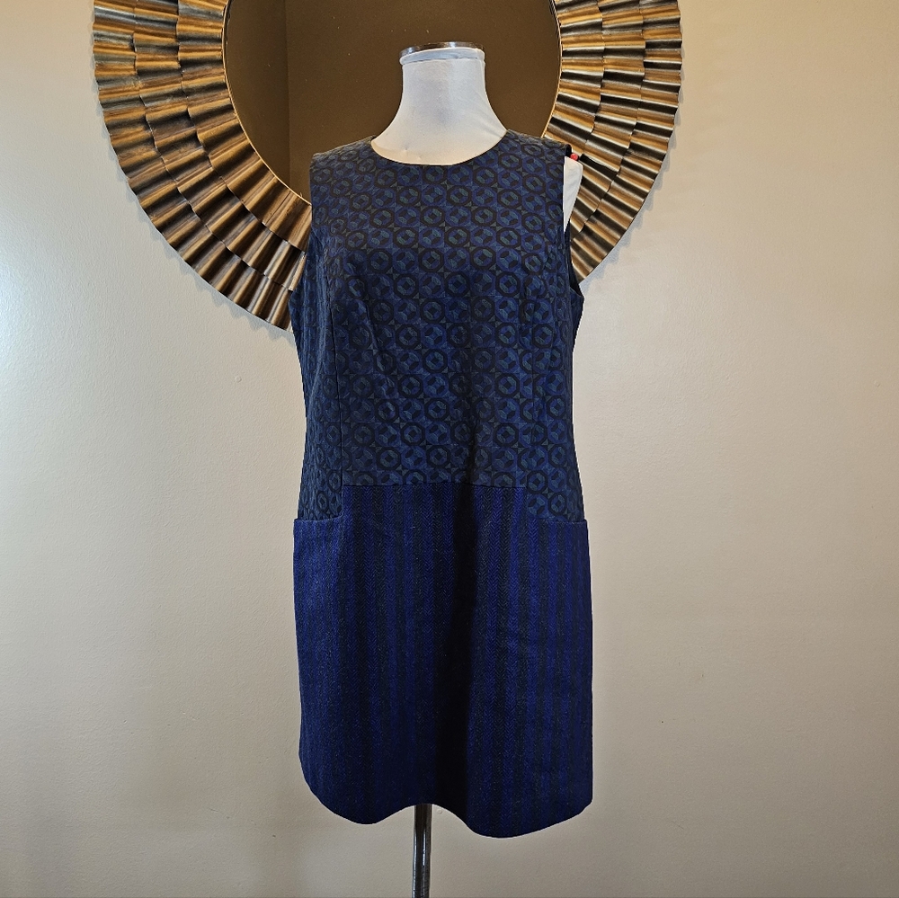 Boden x Abraham Moon British Tweed Wool Geometric Panel Sheath Dress - Blue - 14